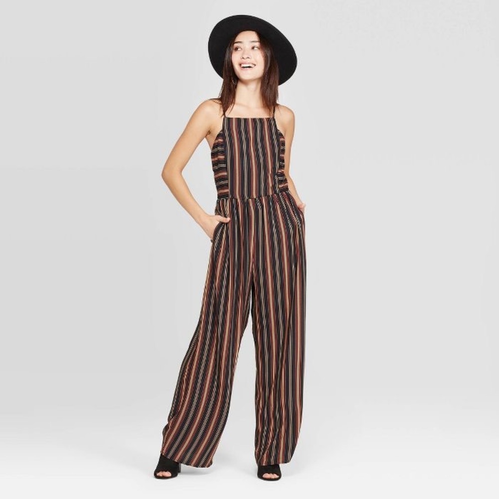 Striped Square Neck Sleeveless Jumpsuit - Black